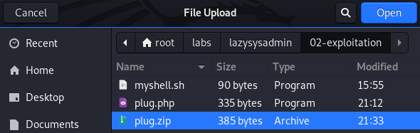 Lazysysadmin walkthrough by @jckhmr_t - Selecting the required Wordpress plugin file (.zip)